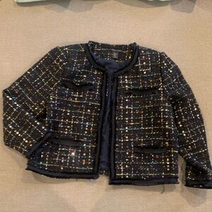 Tahari Navy Tweed Jacket with Multicolor Accents